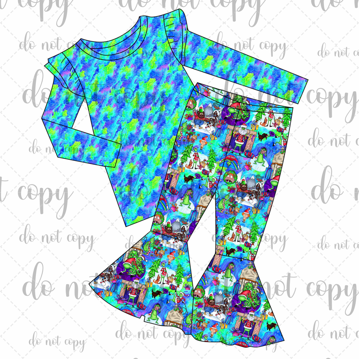PRE-SALE: Mean, Green, and Merry Long Sleeve Ruffle Top With Bell Bottoms